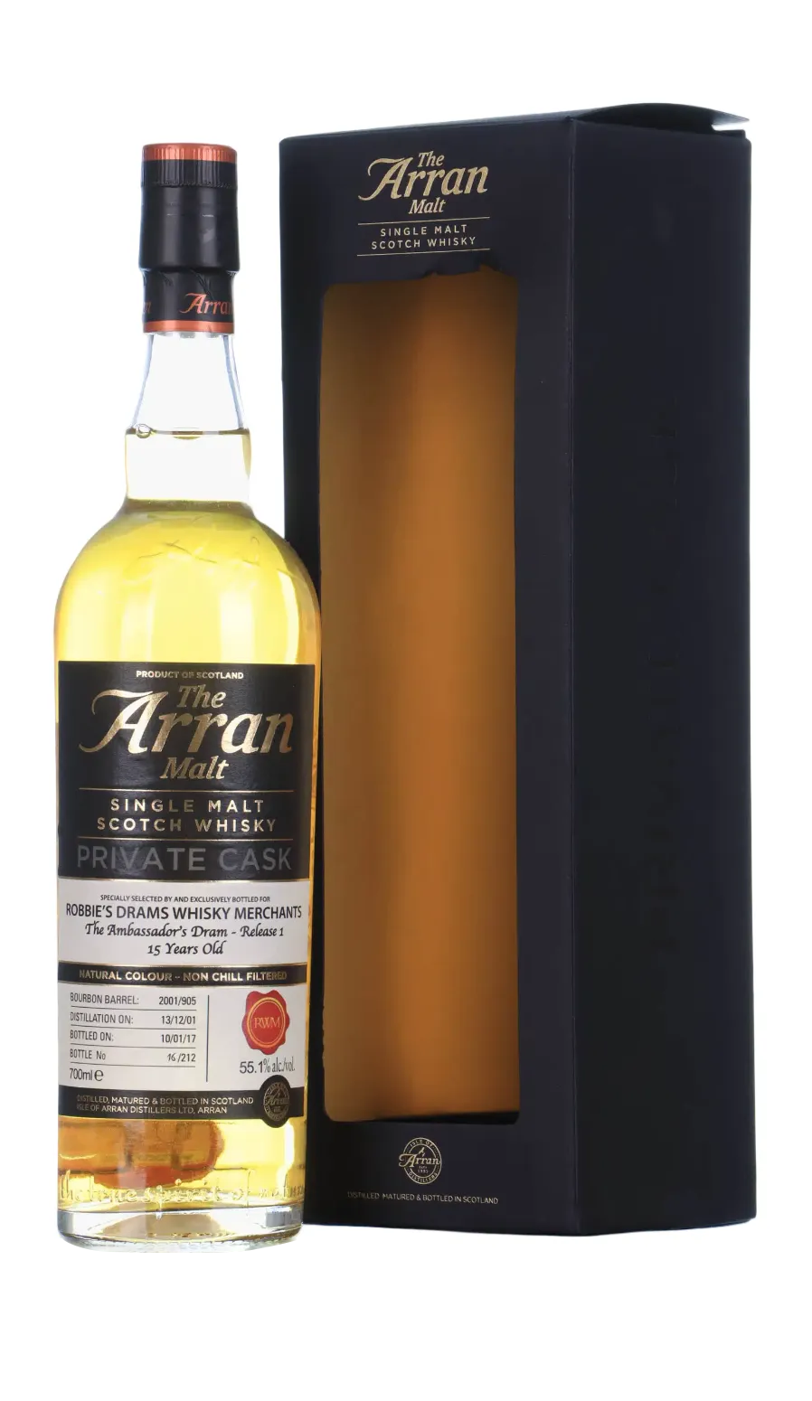 Arran Private Cask, The Ambassador's Dram - Volume 1 15 Year Old, Bourbon Cask, Cask #905, 2001, Robbie's Drams Whisky Merchants, 55.1%